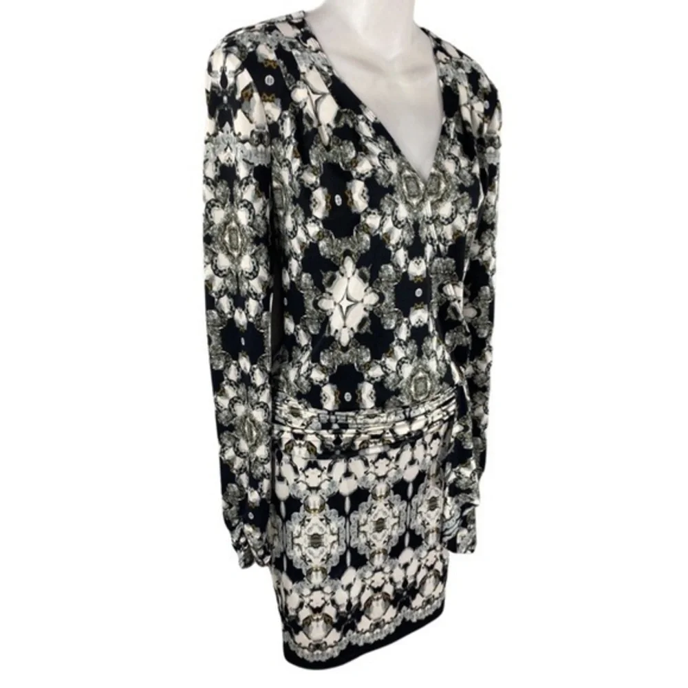 Cache black silver diamond kaleidoscope print surplice dress H19
